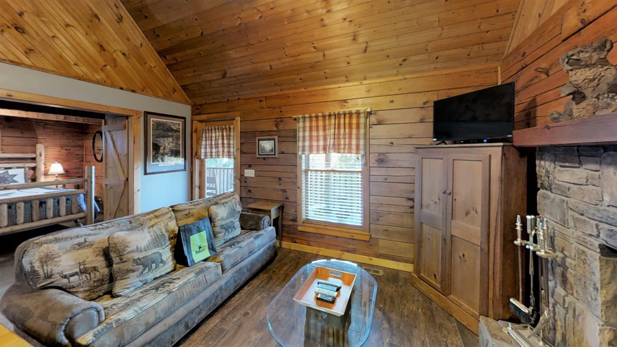 A bright, inviting living space with a comfortable sofa facing a fireplace and a flat-screen TV. Large windows allow mountain light to pour in, and a coffee table sits ready for casual gatherings or shared snacks. The arrangement encourages relaxation, movie watching, and conversation.
