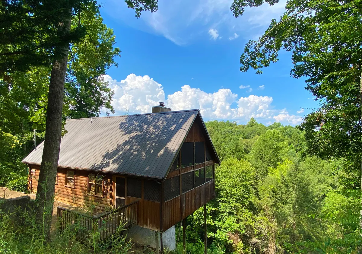 The image features the wooden cottage nestled among tall trees, with expansive views of the sky. The scene evokes seclusion and tranquility, perfect for couples seeking privacy and connection with nature. The setting sun and open sky suggest opportunities for sunset watching and stargazing together.